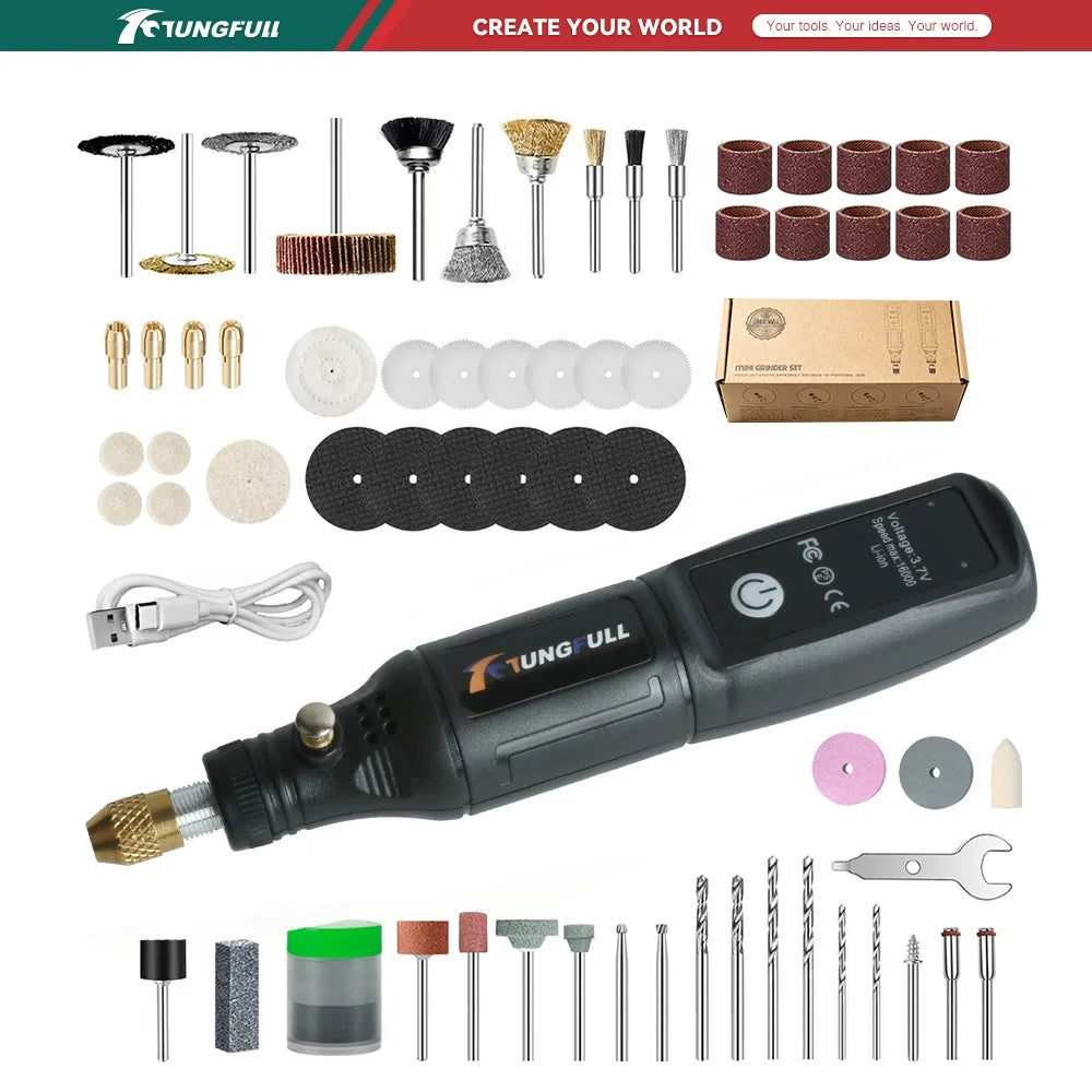 TUNGFULL Cordless Mini Rotary Tool Kit USB Rechargeable Grinder Pen Set For DIY Polishing Drilling Carving Craft Work