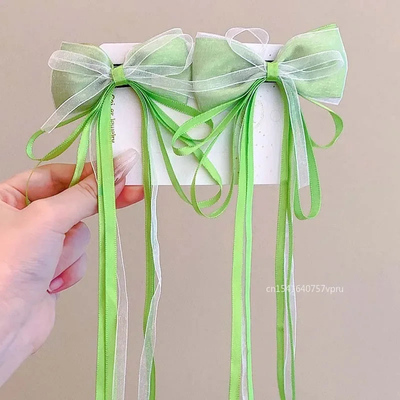 1 Pair Fashion Fairy Ribbon Bow Hairpins For Kids Long Ribbon Hair Clip Barrettes Headband Headdress Girls Hair Accessories -