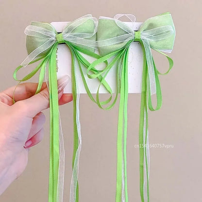 1 Pair Fashion Fairy Ribbon Bow Hairpins For Kids Long Ribbon Hair Clip Barrettes Headband Headdress Girls Hair Accessories -