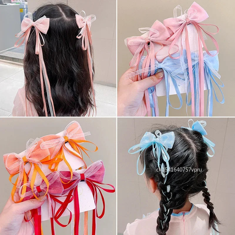 1 Pair Fashion Fairy Ribbon Bow Hairpins For Kids Long Ribbon Hair Clip Barrettes Headband Headdress Girls Hair Accessories