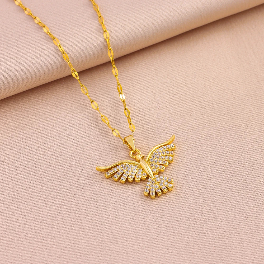 New Sparkly 18K Gold Plated Vintage Phoenix Pendant Necklaces For Women Retro Style Female Daily Wear Stainless Steel Neck Ch