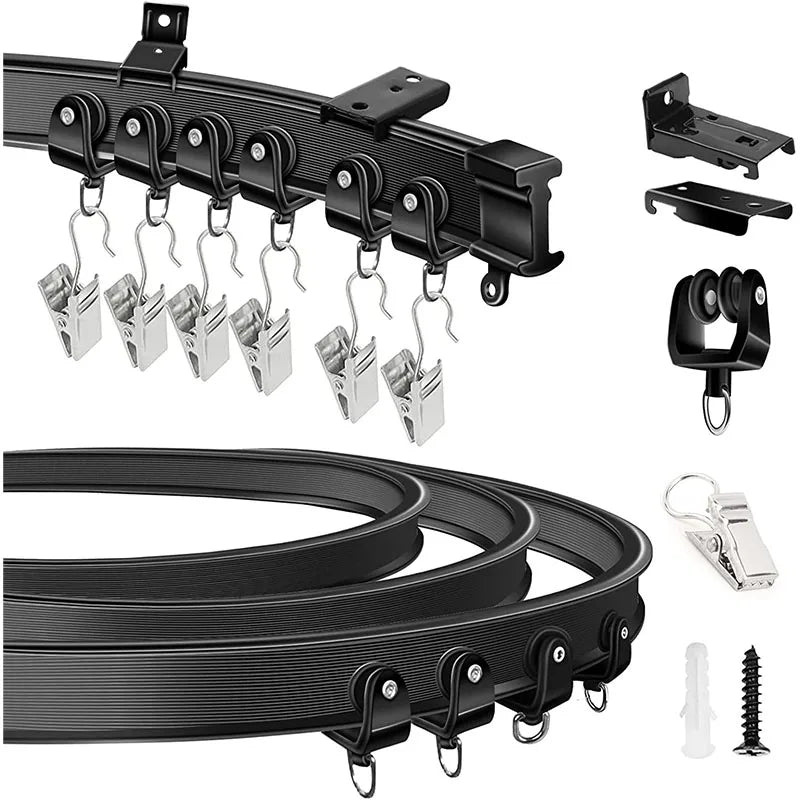 Flexible Bendable Curtain Track Ceiling Wall Mount Black White Curved Heavy Duty RV Sliding Curtain Rail System Room Divider 