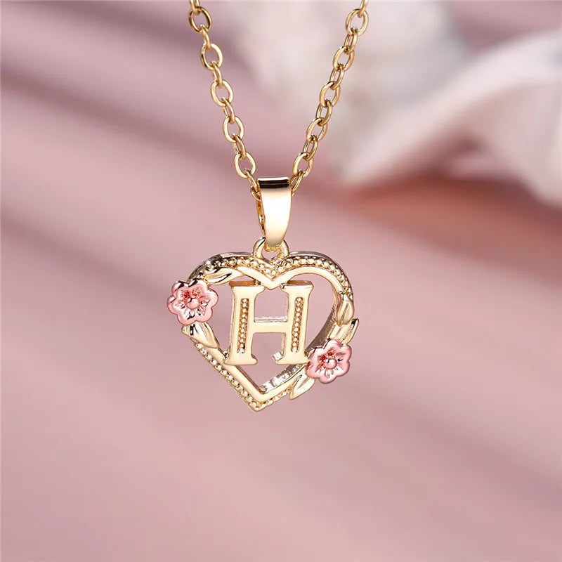 Female A-Z Letter Flower Pendant Necklace Yellow Gold Color Wedding Jewelry Gift For Women - H