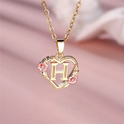 Female A-Z Letter Flower Pendant Necklace Yellow Gold Color Wedding Jewelry Gift For Women - H