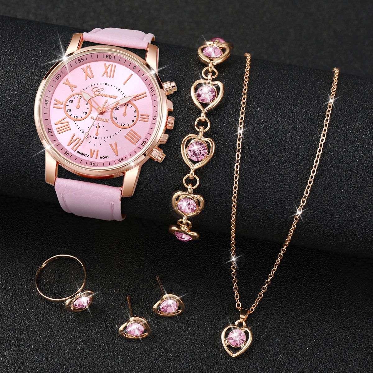5/6PCS Fashion Women's Quartz Watch Leather Band Analog Wrist Watches Heart Rhinestone Jewelry Set(Without Box) - HH10039