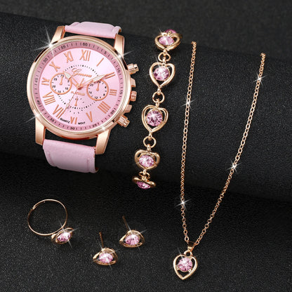 5/6PCS Fashion Women's Quartz Watch Leather Band Analog Wrist Watches Heart Rhinestone Jewelry Set(Without Box) - HH10039