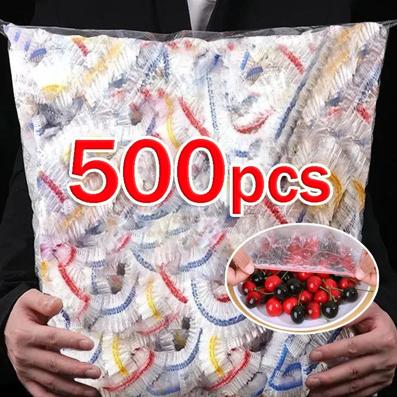 500/100Pcs Colorful Disposable Food Cover Lid Elastic Wrap Fresh Film Bag Disposable Cling Cover Bowl Cover Kitchen Storage B