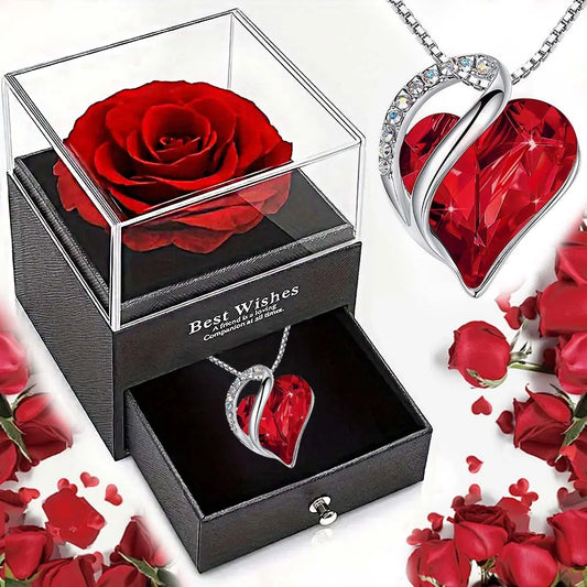 New Valentine's Day Gift Ocean Heart Love Necklace with Eternal Rose Jewelry Box For Girl Mother's Day Gifts