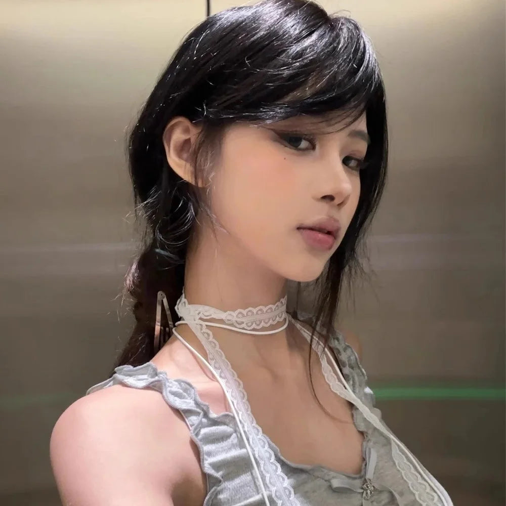 Black White Lace Necklace Versatile Long Ribbon Layered Clavicle Chain Choker for Woman Girls Daily Wear Neck Decoration Jewe
