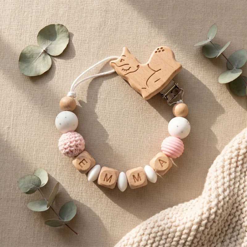 Personalized Pacifier Clip Custom Name Silicone Wooden Beads Baby Teether Chain Soother Holder BPA Free Newborn Baby Shower G