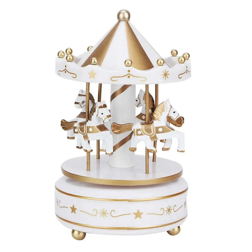 Creative Fantasy Christmas Holiday Decor Carousel Music Box Easy Use Carousel Ferris Wheel Ornaments - White-Gold