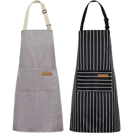 White Black Striped Man Woman Home Restaurant Kitchen Baking Nail Bib Oil Repellent Work Apron 2 Pockets Adjustable Clean Apr