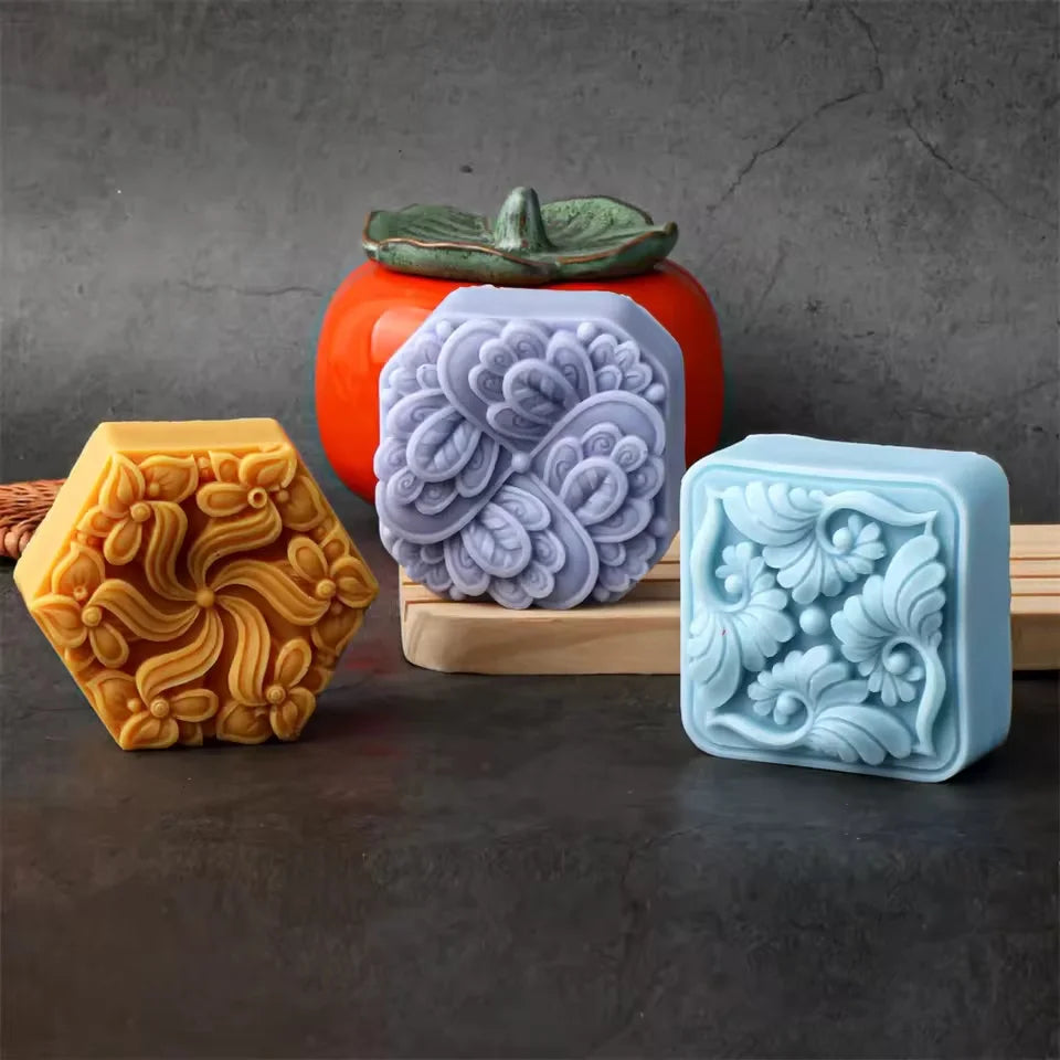 Vintage Embossed Flower Silicone Soap Mold Square Round Hexagon Mould Handmade Soap Candle Epoxy Resin Kit Soap Casting Suppl