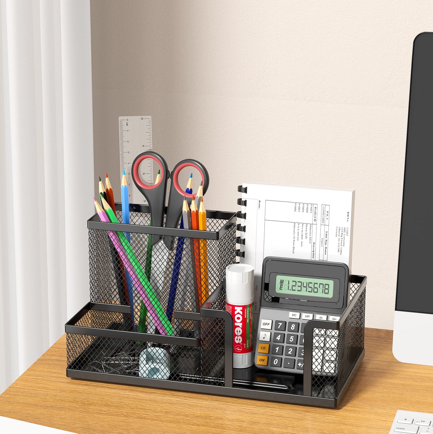 Mesh Desk Organizer Office Supplies Caddy with Pencil Holder and Storage Baskets for Desktop Accessories, 3 Compartments, Bla