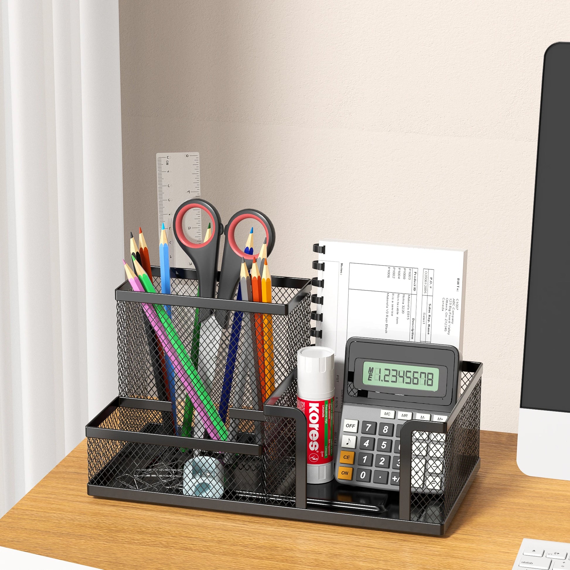 Mesh Desk Organizer Office Supplies Caddy with Pencil Holder and Storage Baskets for Desktop Accessories, 3 Compartments, Bla