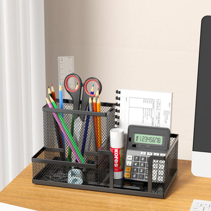 Mesh Desk Organizer Office Supplies Caddy with Pencil Holder and Storage Baskets for Desktop Accessories, 3 Compartments, Bla