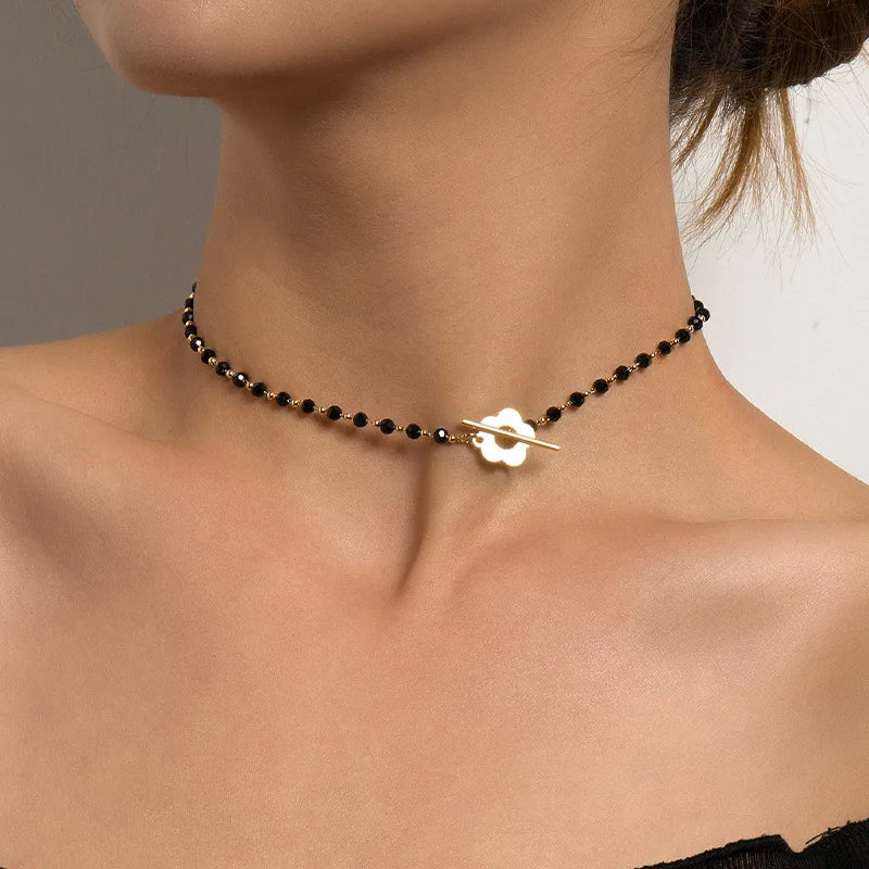LATS 2022 Fashion Luxury OT Buckle Crystal Glass Bead Chain Choker Necklace for Women Flower Lariat Lock Collar Necklace Gift