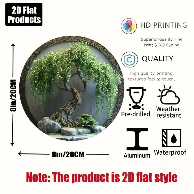 Vintage-Inspired Aluminum Wall Art - Round Bonsai Tree with Rocks & Moss, Ideal for Home, Bar, Kitchen, Perfect Holiday Gift