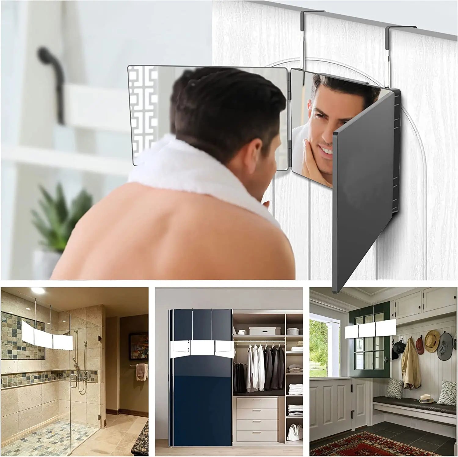 Travel Portable 360° Trifold Vanity Makeup Mirror with Height Adjustable Telescoping Hook for Hair Self Cutting, Shaving, Gif