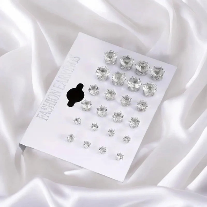 12 Pairs Six Claw Zircon Earrings Set Geometric White Shiny Crystal Wedding Stud Earrings Set for Women Men Jewelry Accessori
