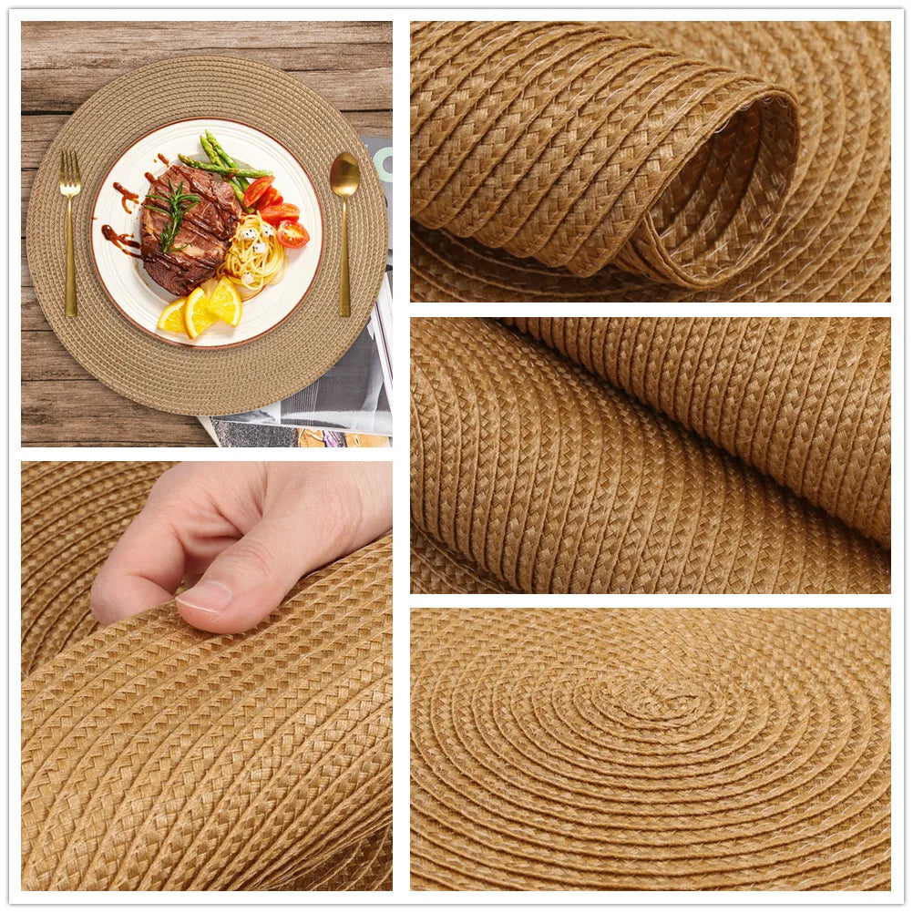 Round Braided Placemats Set of 6 Washable PP/PET Heat Resistant 34cm Table Place Mat for Kitchen Xmas Dining Table Party Deco