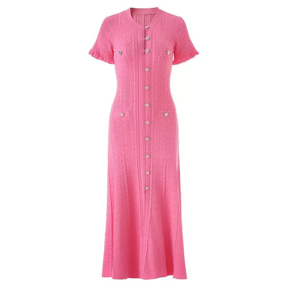 Vintage Cable Knit Midi Dress Button Front Ruffled Short Sleeve Pocket Design Elegant Party Casual Knitted Dress
