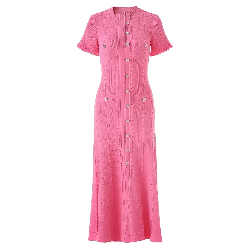 Vintage Cable Knit Midi Dress Button Front Ruffled Short Sleeve Pocket Design Elegant Party Casual Knitted Dress - Rose Red