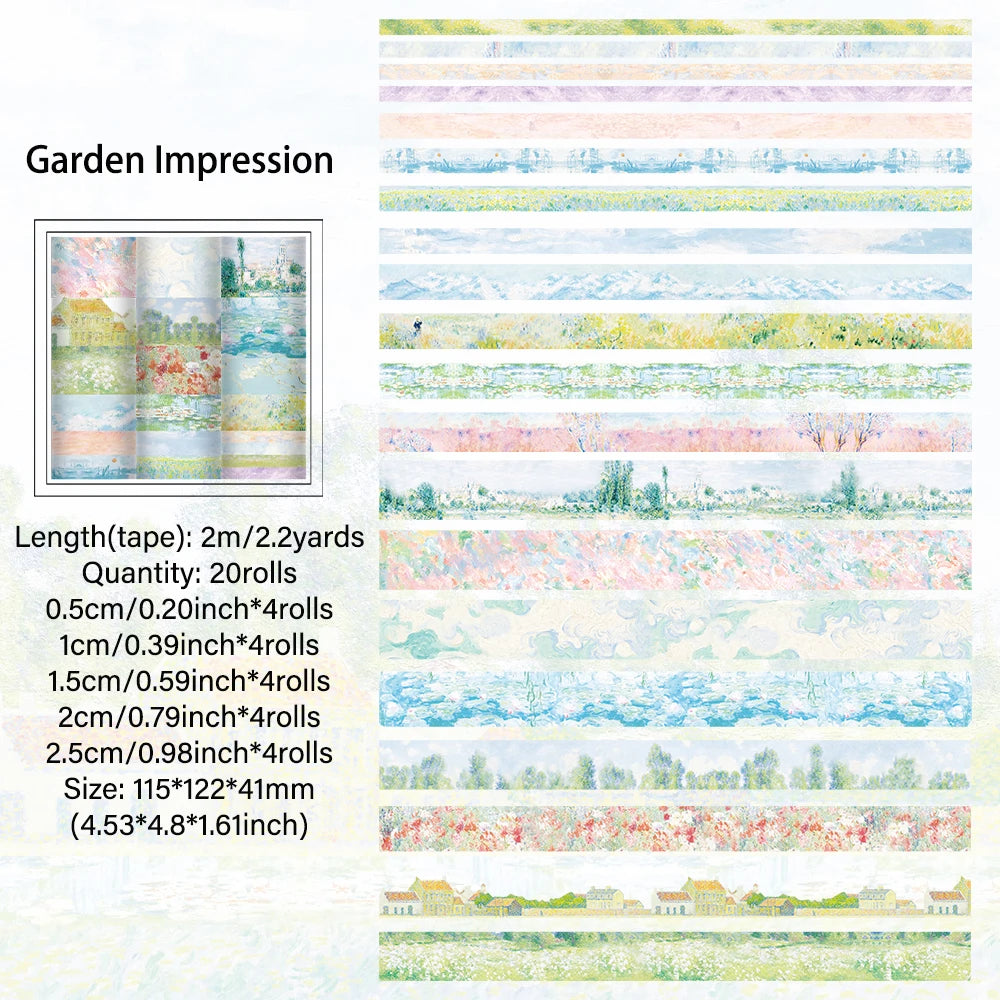 20 rolls Vintage Garden Painting Washi Tape Set 2M(2.2yards) Long Masking Tapes For Scrapbooking Journaling Planner Notebook