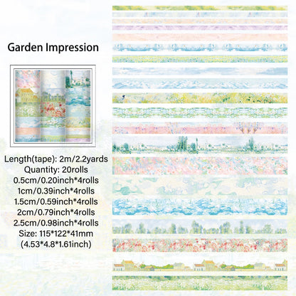 20 rolls Vintage Garden Painting Washi Tape Set 2M(2.2yards) Long Masking Tapes For Scrapbooking Journaling Planner Notebook