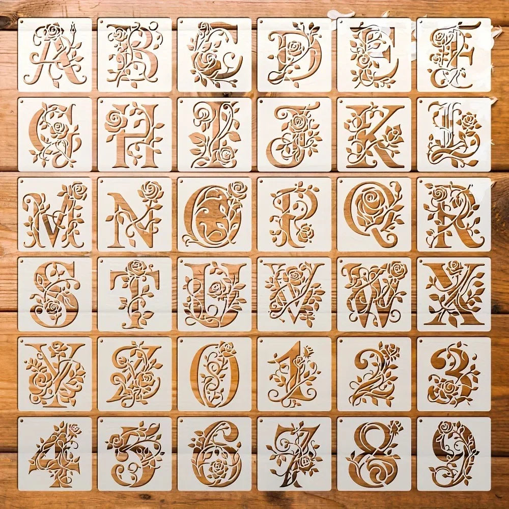 36 Floral Letter Templates Reusable Rose Letter Painting Template Hollowed-Out Graffiti Template Inkjet Printing Mold For Wal