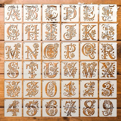 36 Floral Letter Templates Reusable Rose Letter Painting Template Hollowed-Out Graffiti Template Inkjet Printing Mold For Wal