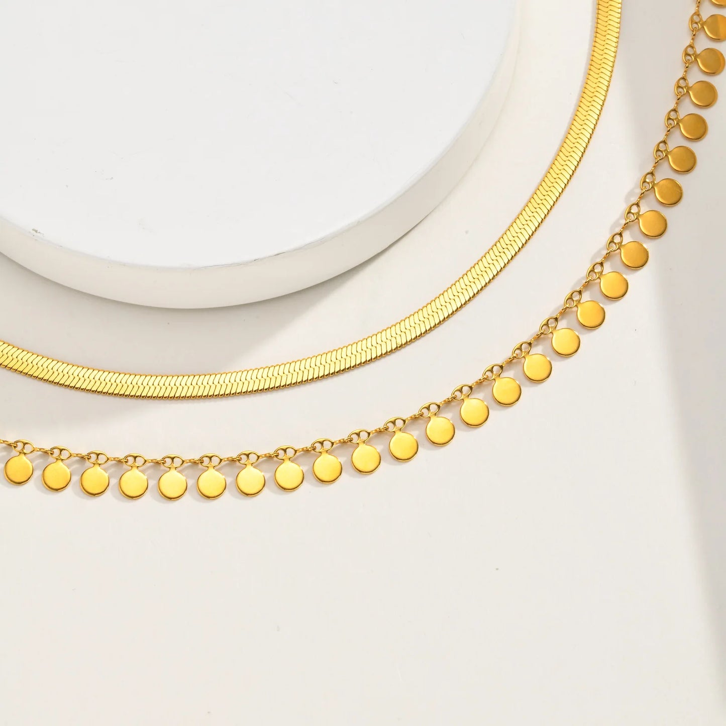 Anklet Set Layered for Women 18K Gold Plated Stainless Steel Flat Snake Chain Round Disk Waterproof Jewelry