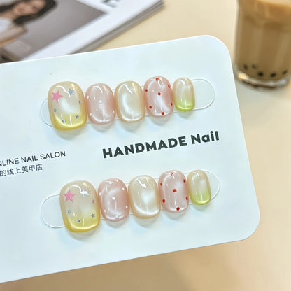 10pcs/set Handmade Press-On Nails - Blue Glossy Fish & Bubbles Design Short Oval Fake Nails with Cat Eye Effect False Nails