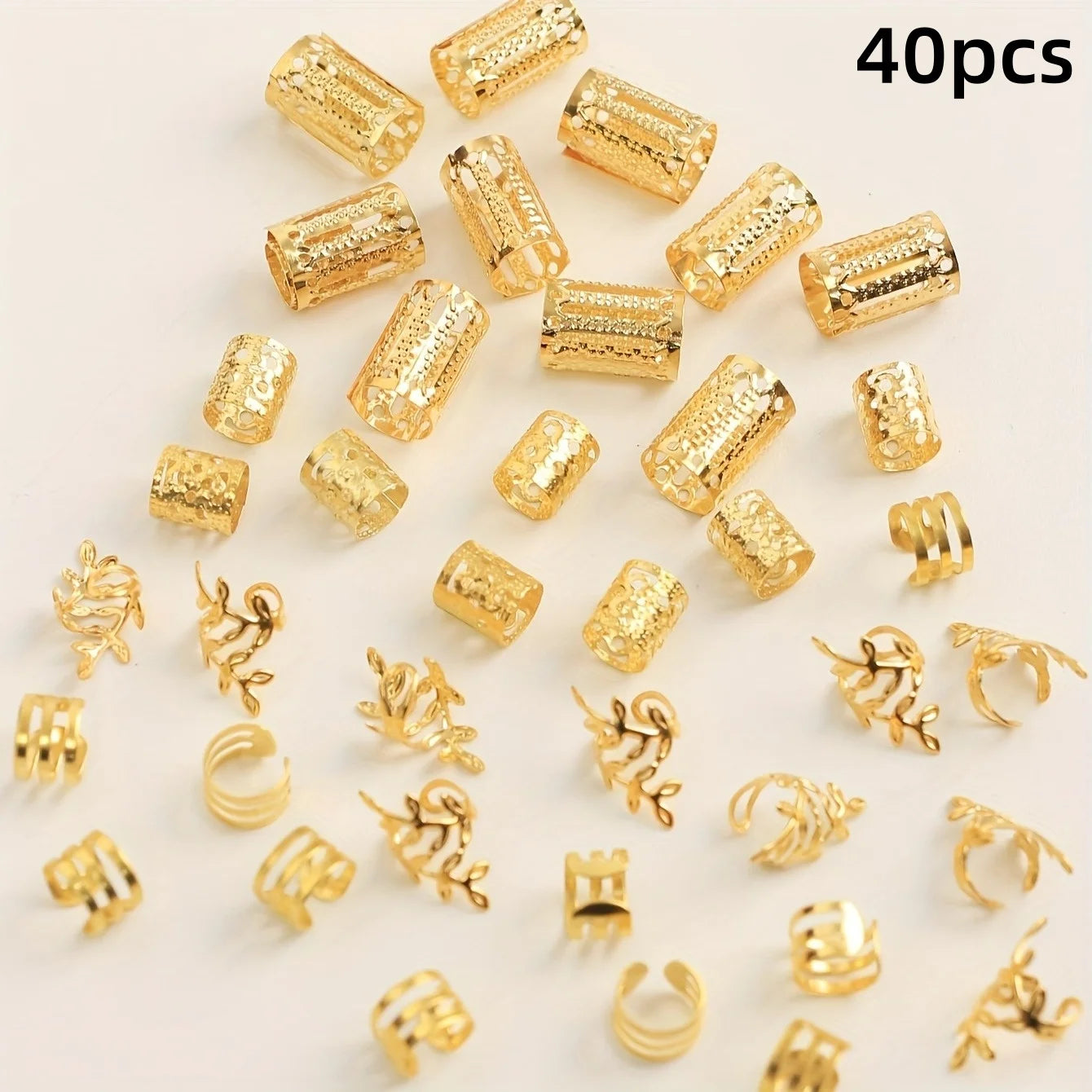 40/80PCS Elegant Hollow Out Hair Rings For Women Girls DIY Hair Accessories Loc Hair Jewelry for Braids - Golden