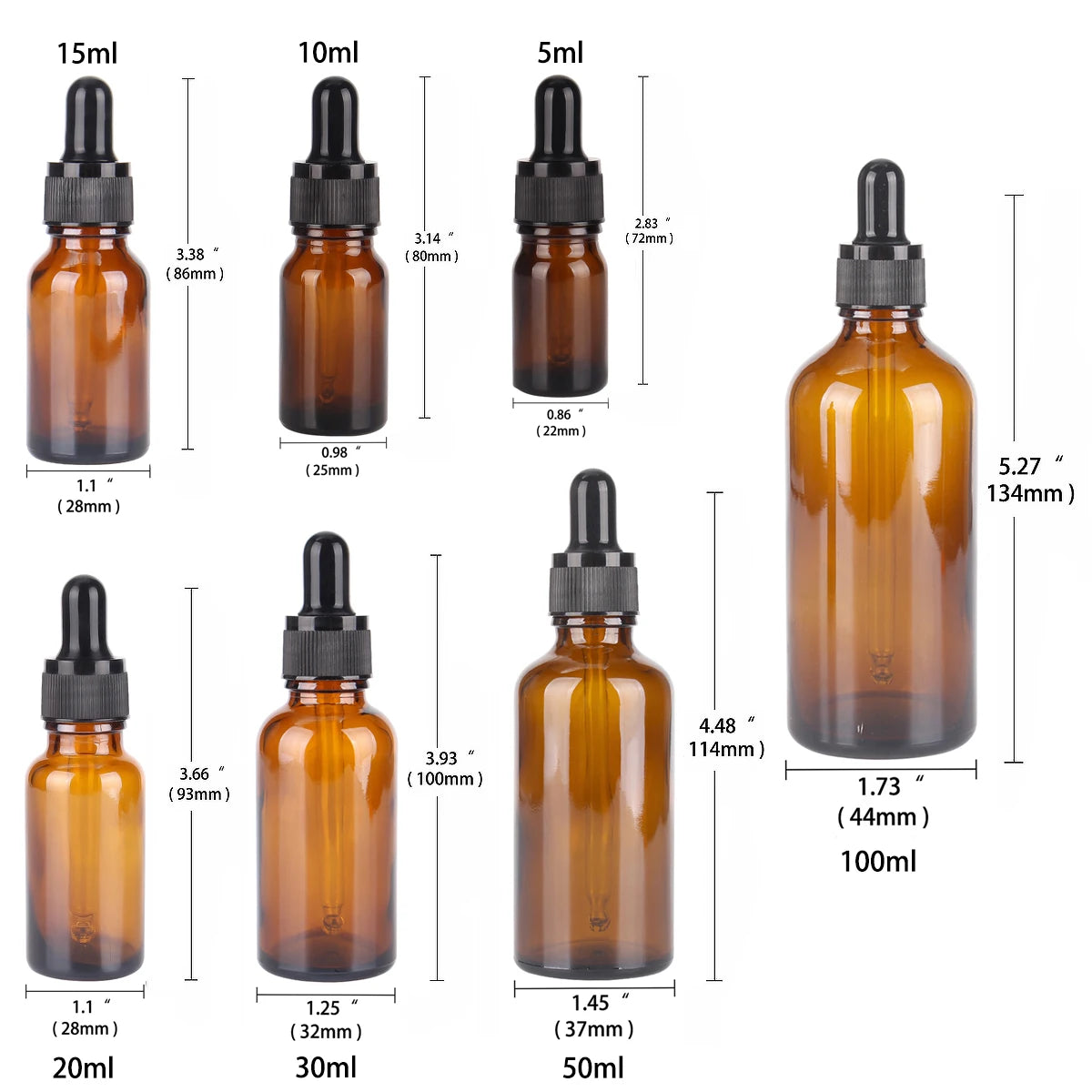 6/12/24pcs 5ml 10ml 15ml 20ml 30ml 50ml 100ml Amber Glass Dropper Bottles with Glass Pipette for Cosmetic Perfume Essential O