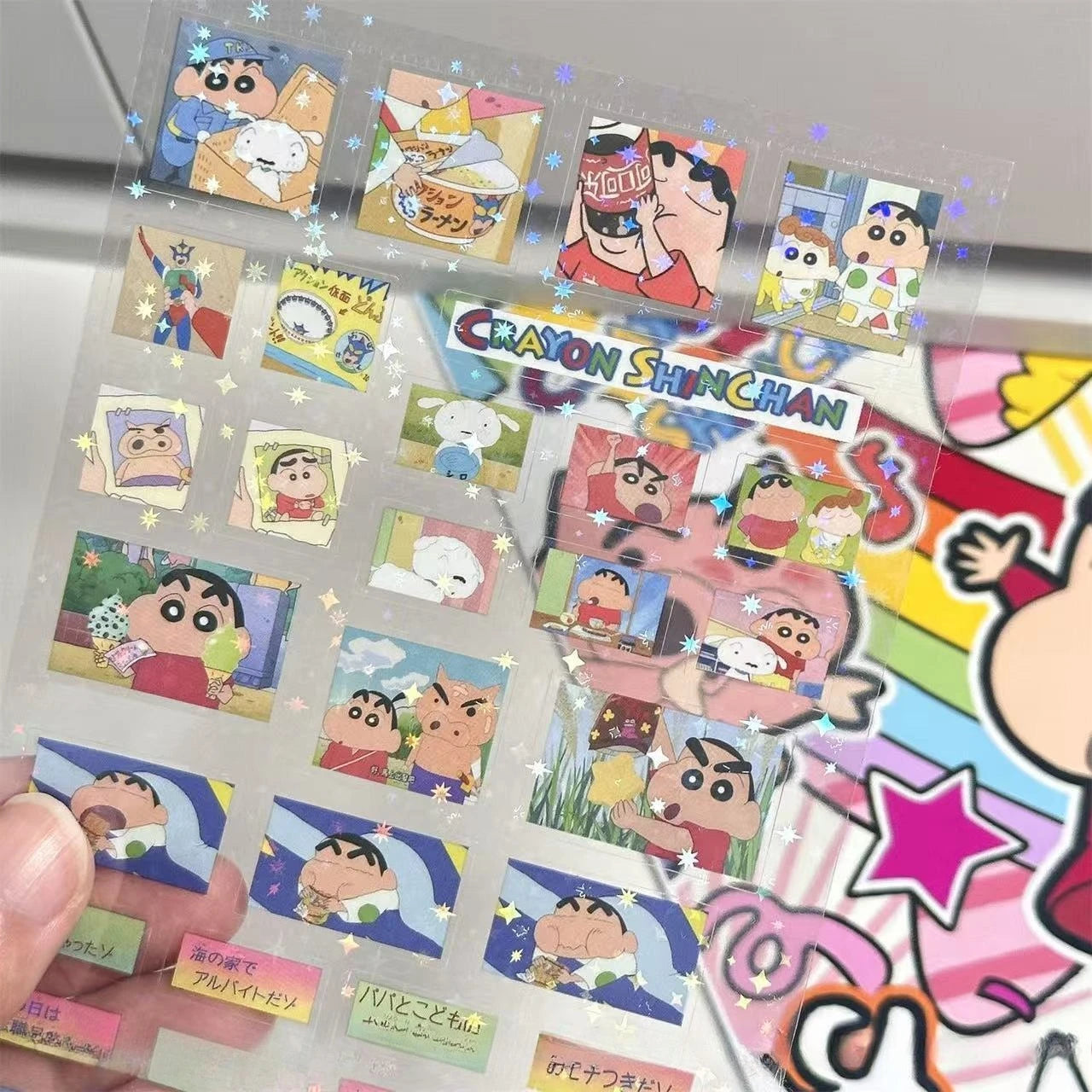 5PCS Crayon Shin Chan Double Transparent Cut Membrane Sticker DIY High-value Hand Account Decoration Laser Transparent Sticke