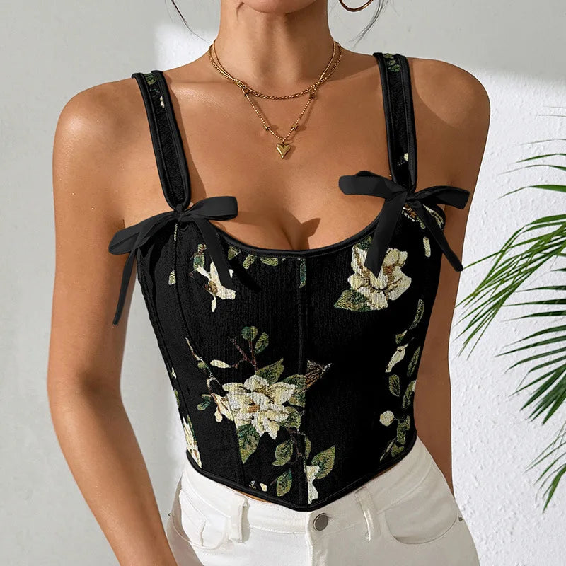 Sexy French Floral Print Bra Top Retro Double Strap Chest Support Body Shapewear Vintage Corset