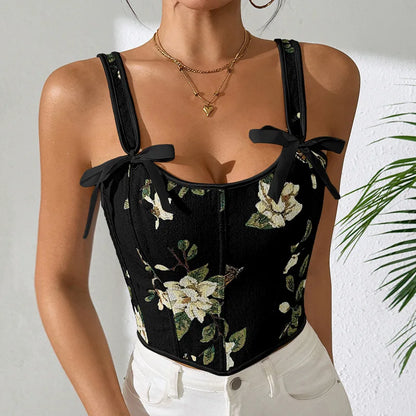 Sexy French Floral Print Bra Top Retro Double Strap Chest Support Body Shapewear Vintage Corset