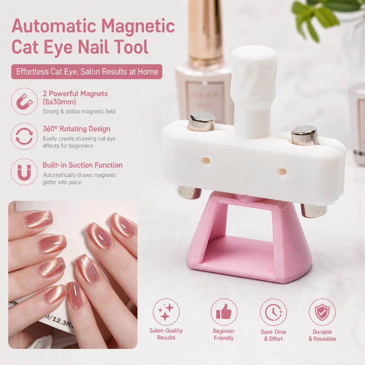 Automatic Glass Bead Cat-Eye Nail Art Tool for Beginners, No Skills Required, Includes 8*30mm Magnets.