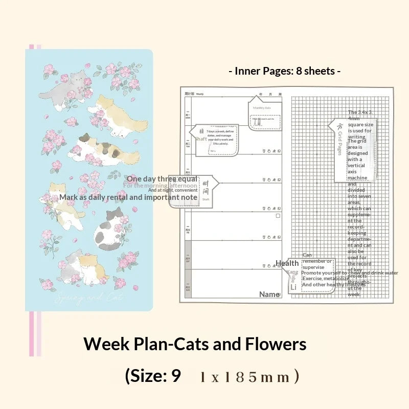 Kinbor Cute Agenda Undate Weekly Daily Planner Slim Illustrated Self-fill Notebook Weekly To Do List Hardcover Two Page Per W