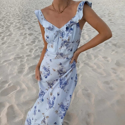 Summer Flower Printed Women's Sexy Low-cut Dress Sleeveless Backless Slim Sling Dresses 2025 Beach Vacation Lady Vestidos - B