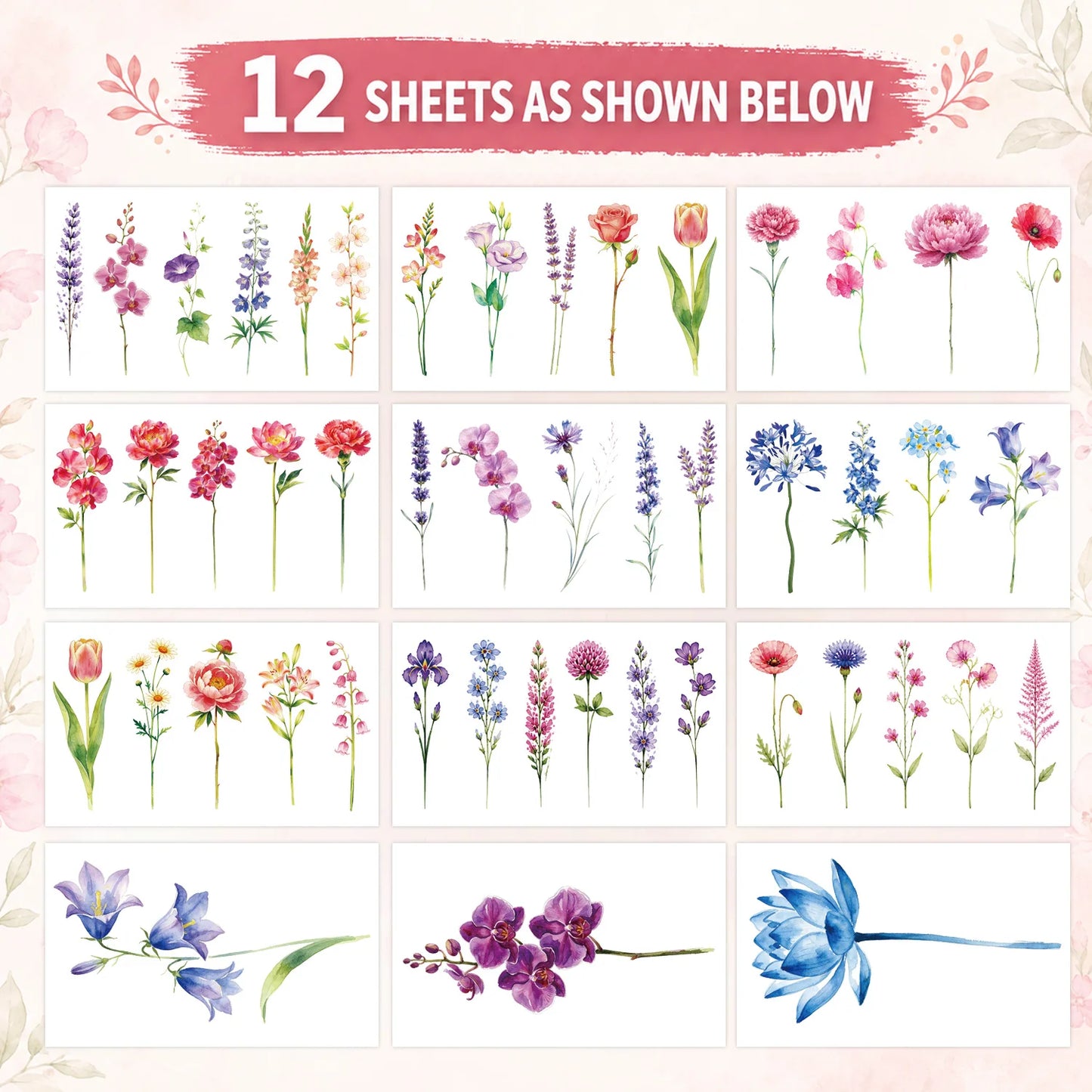 12 Sheets Watercolor Flower Lavender Temporary Tattoos For Women Adults, Water Color Tiny Wild Floral Tattoo Sticker, Fake Ta