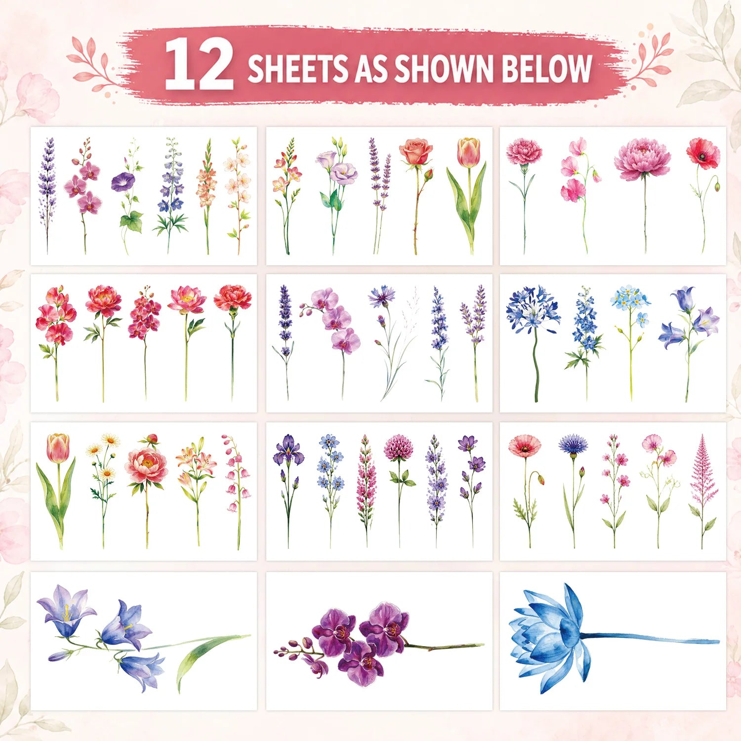 12 Sheets Watercolor Flower Lavender Temporary Tattoos For Women Adults, Water Color Tiny Wild Floral Tattoo Sticker, Fake Ta