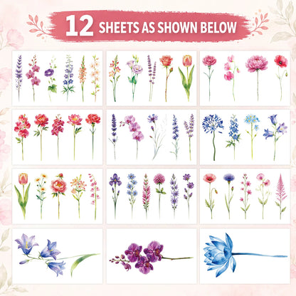 12 Sheets Watercolor Flower Lavender Temporary Tattoos For Women Adults, Water Color Tiny Wild Floral Tattoo Sticker, Fake Ta