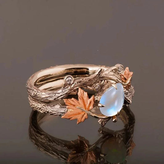 Luxury Vintage Niche Design Tree Branch Maple Leaf Double Layer Ring Women Men Light Luxury White Gemstone Holiday Party Jewe