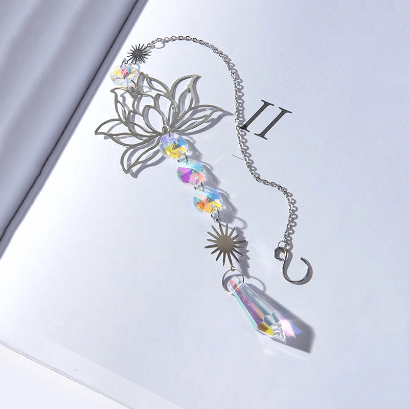 1PcMetalLotusandArtificial Crystal Suncatcher Charm Handmade Applicable Home Wind Chime Pendant Outdoor Garden Plant Decorati