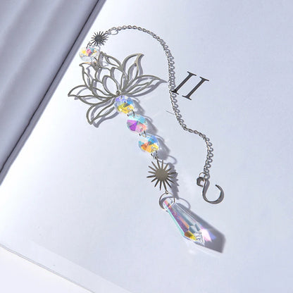 1PcMetalLotusandArtificial Crystal Suncatcher Charm Handmade Applicable Home Wind Chime Pendant Outdoor Garden Plant Decorati