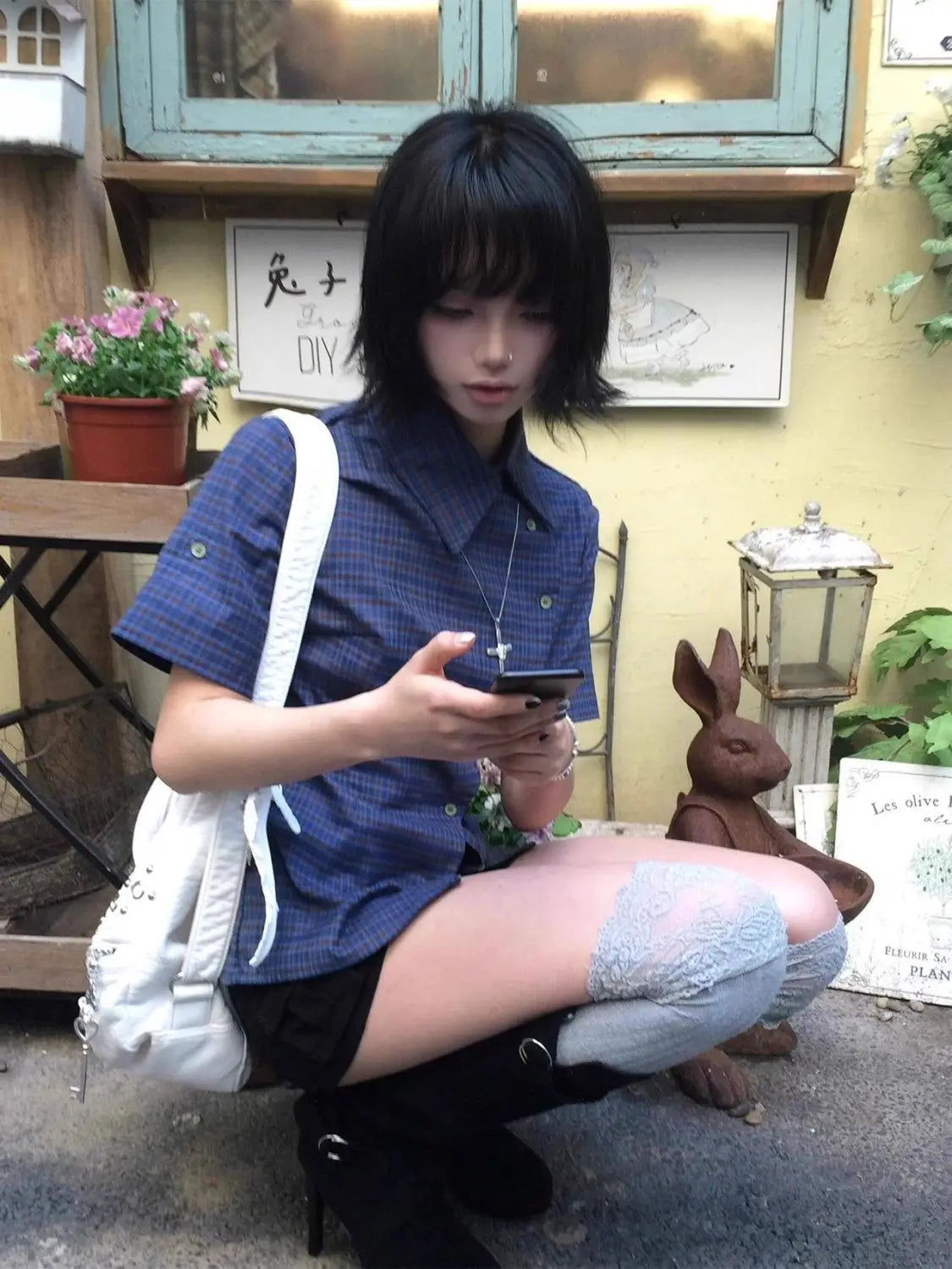 Genayooa Vintage Plaid Casual Shirt Women Short Sleeve Y2k Tops Japanese 2000s Summer Shirt Irregular American Retro 90s Tshi