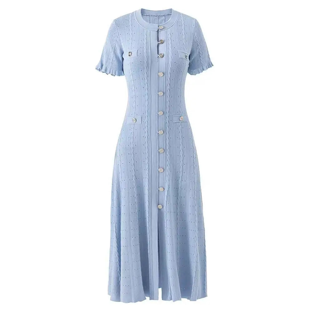 Vintage Cable Knit Midi Dress Button Front Ruffled Short Sleeve Pocket Design Elegant Party Casual Knitted Dress