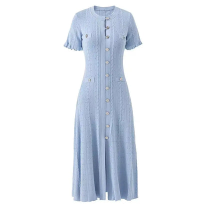 Vintage Cable Knit Midi Dress Button Front Ruffled Short Sleeve Pocket Design Elegant Party Casual Knitted Dress